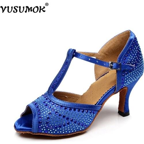 VUSUMOK Satin Rhinestone Crystal Diamante Latin Ballroom Salsa Ceroc Tango Bachata Mambo Dance Shoes Dancing Shoes 2017 New