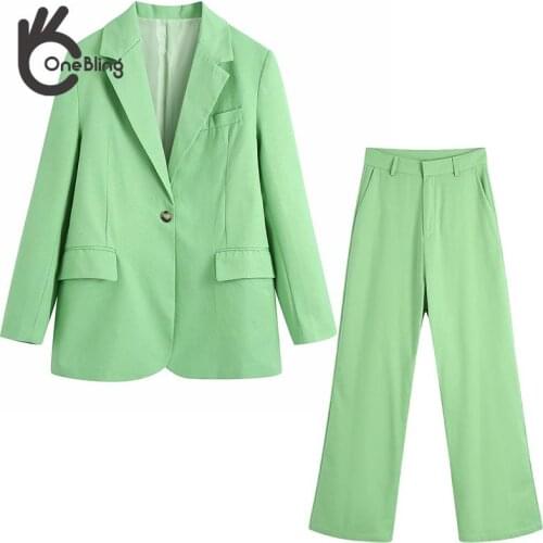 OneBling OL Women ZA Green Suits Summer Autumn Single Button Blazers and Long Straight Pant Female Casual 2 Piece Set 2021