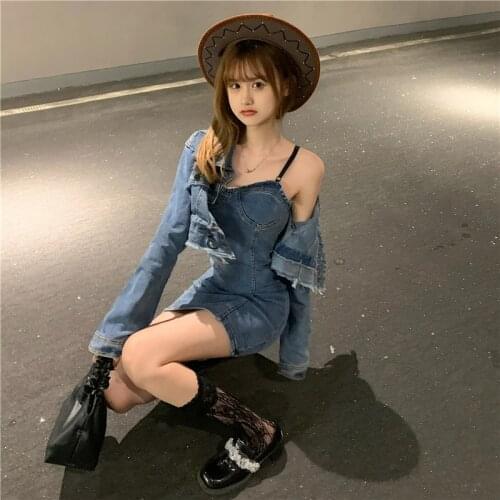 2021 New Summer Runway Denim 2 Piece Set Dress Designer Autumn Women Blue Short Jacket Coat+Mini Cowboy Spaghetti Strap Suits