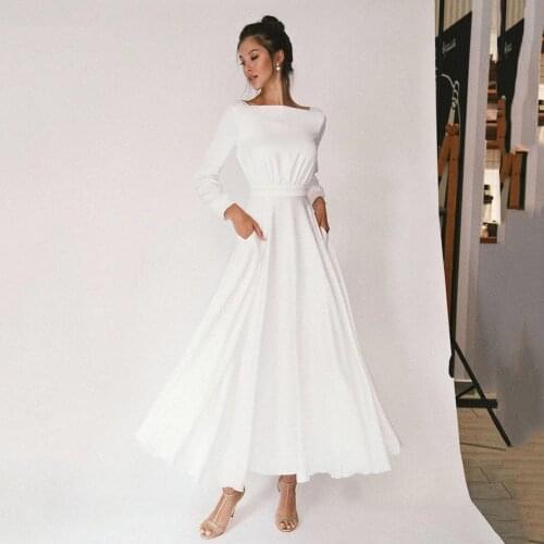 Sexy white Wedding Dresses Pleat Jersey Sashes Full Sleeve Backless Ankle Length A-Line Vestido De Novia Bridal Gowns 2021