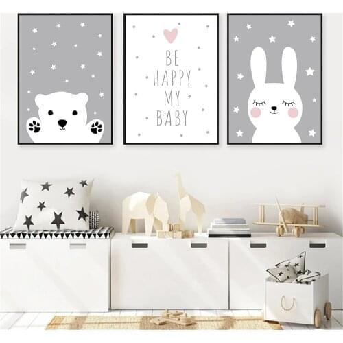 Stars Nursery Canvas Art Print Bear Rabbit Poster Be Happy My Baby Quotes Painting Nordic Wall Art Picture Kids Room Decoration