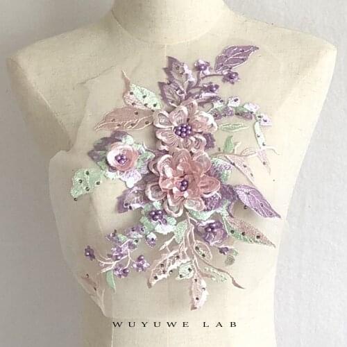 1pc Purple Green Pink Sequin Mesh Embroidery 3D Flower Lace Applique Patch Dress Skirt 39X25CM Decoration diy Cloth Accessory