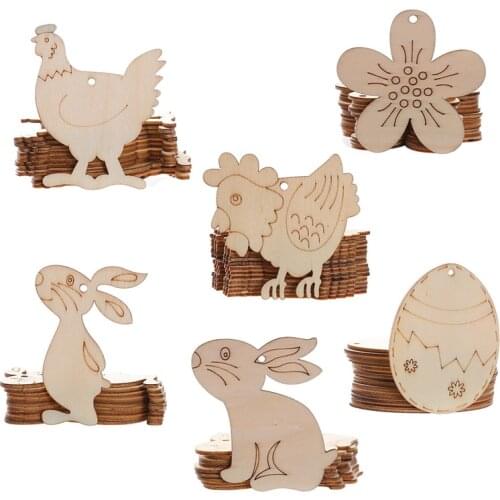 10pcs Happy Easter Bunny Pendant Wooden Eggs Rabbit Hanging Ornament DIY Craft Kids Gifts Easter Decorations for Home Chicken