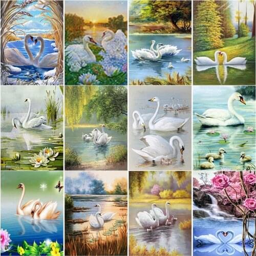 5D DIY Diamond Painting Two Swans Diamond Embroidery Animal Scenery Cross Stitch Full Square Round Drill Crafts Home Decor Gift
