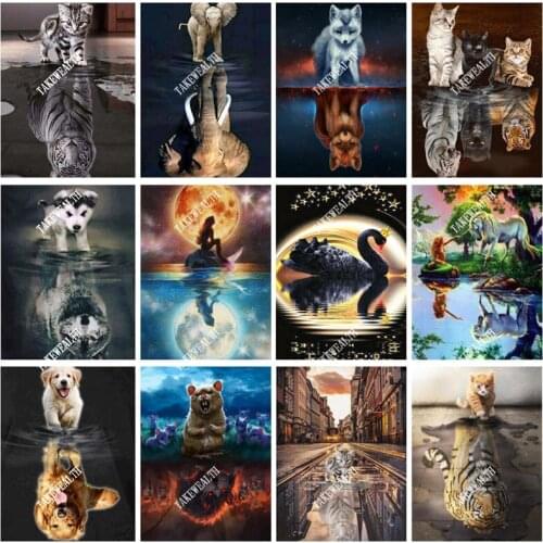Diamond Embroidery Tiger Diamond Painting Animal 5D DIY Diamond Mosaic Cat Elephant Dog Reflection Full Round Square Decor ll458