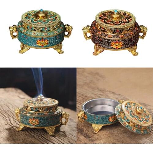 Antique Alloy Color Painted Lotus Tibetan Flower Coil Incense Burner Feng Shui Incense Burner Holder for Home Living Room Decor