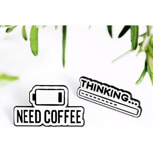 Black And White Need Coffee Battery Power Bar Enamel Brooch Thinking Progress Bar Creative Exquisite Pin Coffee Lovers Badge