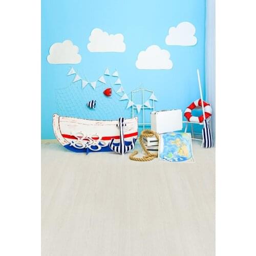 Photography Backdrop Blue Wall Navigation Theme Navy Blue Boat with Beach Style Backgrounds for Baby Summer Holiday Photocalls
