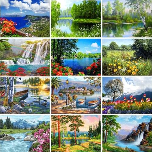 Gatyztory Frame Green Tree Lake DIY Painting By Numbers Landscape Canvas Drawing Acrylic Paint HandPainted Gift Home Decor Art