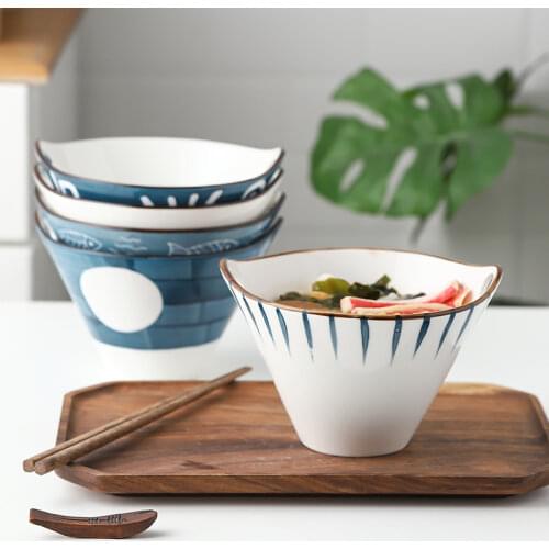 Ceramic Handpainted Japanese Style Noodle Bowl, Double Ear Chopsticks, Rice Salad Soup Bowl, Household Japanese Style Ramen Bowl