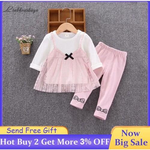 Girls Clothes Sets 2020 Baby Spring Autumn New Fashion Cotton Bow Long Sleeve T-Shirt+Pants Toddler Girls Casual Lace 2pcs Suit