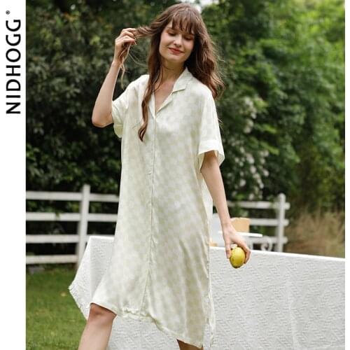 2021 Summer Sleepshirts Princess Satin Sexy Sleepwear Viscose Short Sleeve Nightgowns Plaid Thin Night Dress Women Sleep Tops