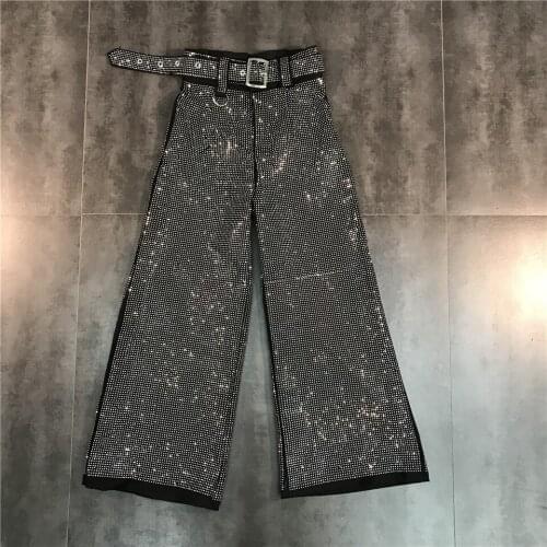 2020 autumn new heavy full leg hot drilling bright crystal trend belt wide-leg pants casual pants female singer stage costume