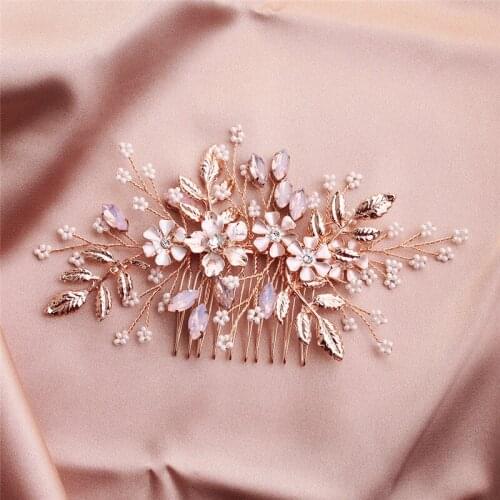 OKILY Beautiful Rose Gold Wedding Hair Comb Alloy Enamel Floral With Pearl Rhinestone Bridesmaid Combs for Women Party