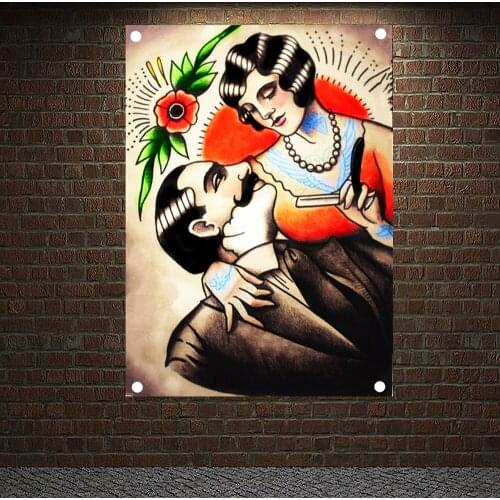 Shaving Tattoo Art Print Posters Banners Wall Chart Senior Art Waterproof Cloth Tapestry Flag Barber Shop Decor Upholstery