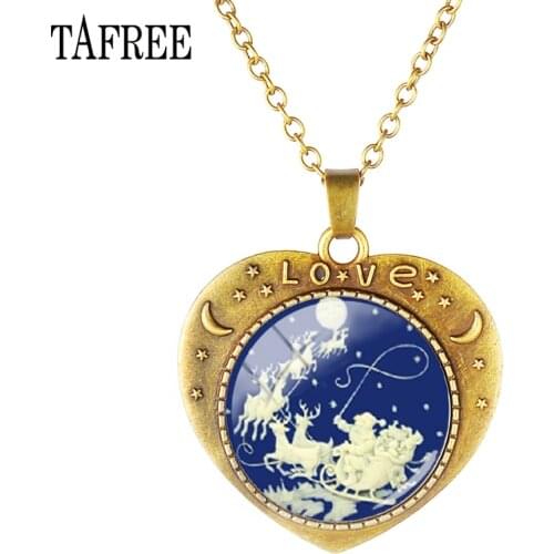 TAFREE Christmas Heart-Shaped Necklace Cute Snowman Santa Claus Elk Snowflake Pendants Necklaces For Women Jewelry Gifts J201