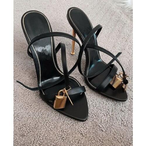 Metal Thin High Heel Sandals Women Narrow Band Black Lock Decor Ankle Strap Sandalias Summer Sexy Party Dress Shoes
