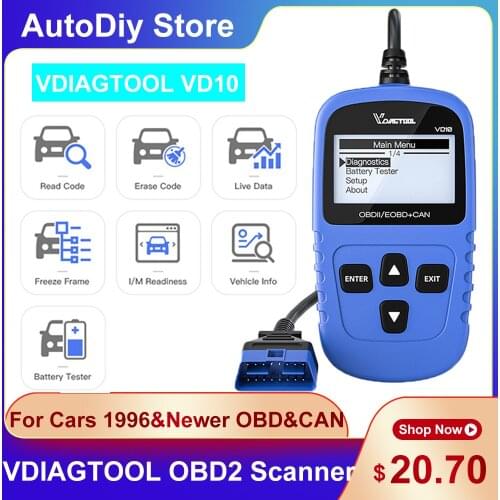 VGDIAGTOOL VD10 OBD 2 EOBD Code Reader Car Scanner Support Vehicles 1996 & Newer OBD/CAN Test Battery Multilingual Menu Options
