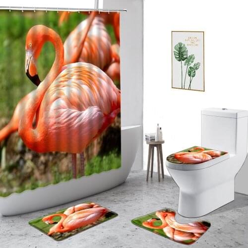 Flamingo Shower Curtain Tropical Animal Green Plant Flowers Bird Bathroom Decor 4-Piece Non-Slip Carpet Waterproof Bath Curtains