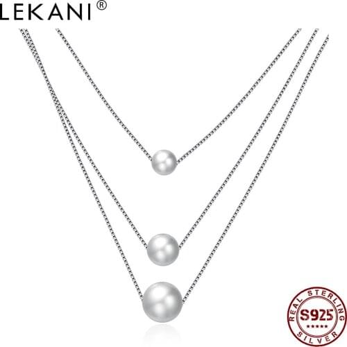 LEKANI 925 Sterling Silver Chain Necklace For Women Multi Three Layered Pearl Pendant Necklace Romantic Christmas Gifts On Sale