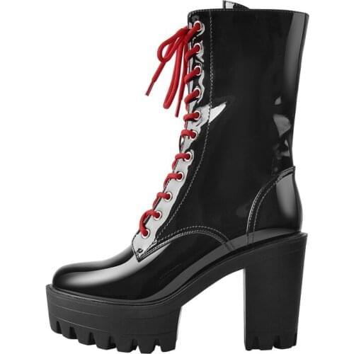 Richealnana Womens Gear Platform Star Zip Ankle Booties Red Lace Chunky Heel Boots Shinny Patent Leather Modern Fashion Shoes