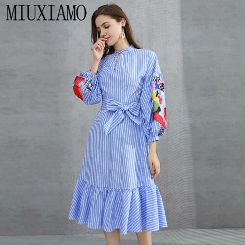 MIUXIMAO 2021 Spring Newest O-Neck Elegant Full Sleeve Flower Embroidery Casual Fishtail Dress Women Vestidos With Belt