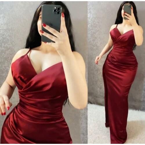 Sexy Mermaid Burgundy Pleated V-Neck Evening Dresses Long Criss Cross Back Satin Abendkleider Robes de Soirée for Women