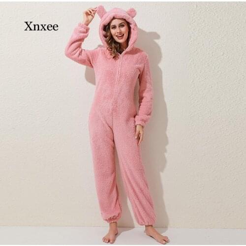 Winter Warm Pyjamas Women Onesies Fluffy Fleece Jumpsuits Sleepwear Overall Plus Size Hood Sets Pajamas for Women Adult