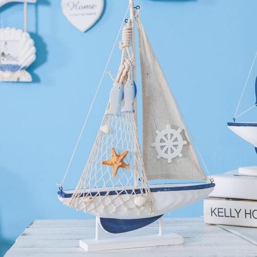 1pc Mediterranean Style Wooden Sailing Boat Decoration Wood Ocean Theme Sailboat Ship Model DIY Nautical Crafts Ornaments