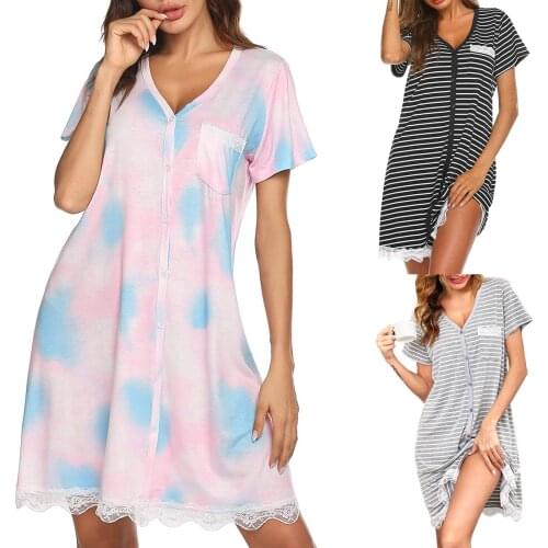 2021 Fashion Sleepwear Women Loose Shirt Night Dress Nightgown V-Neck Short Sleeve Stripe Sexy Lace Home Mini Dress Pyjamas