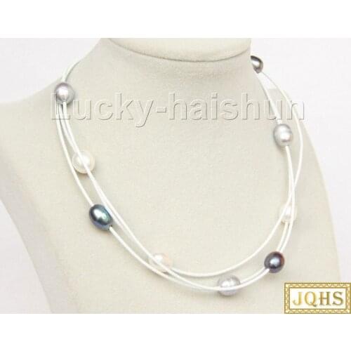 40cm-45cm adjustable 3row white gray black pearls white leather necklace 18KGP clasp j9897