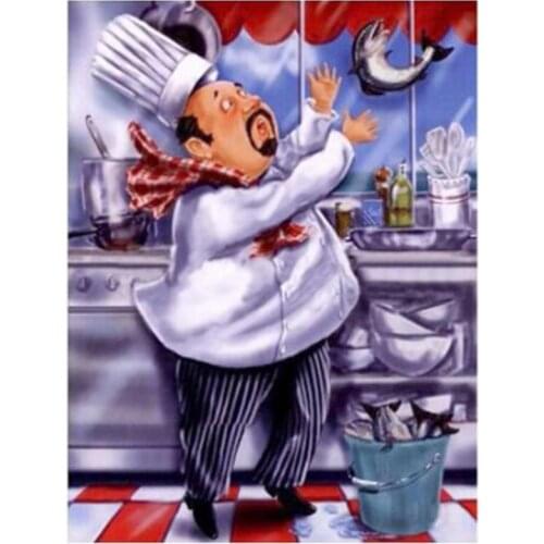 5D DIY Cartoon Fat Chef And Fish Cross Stitch Embroidery Wall Stickers Kitchen Decoration Diamond Painting Design FC583