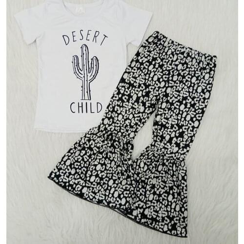 Baby girls white shirt top bell bottom pants desert cactus short sleeve design kids boutique outfits wholesale RTS clothing sets