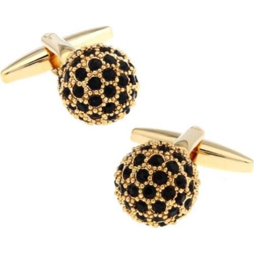 Free Shipping Mens Crystal Cuff Links Golden Plating Black Color Stone Ball Design Cufflinks Wholesale & Retail