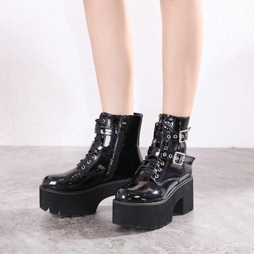Black Patent Leather Boots Women 8cm Heeled Boots Punk Platform Boots Gothic Fall Shoes Lace Up Ladies Heeled Ankle Boots Female