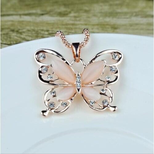 2020 Brand New Rose Gold Acrylic Crystal Opal 4CM Big Butterfly Pendant Necklace 70CM Long Chain Sweater Jewelry For Women gifts