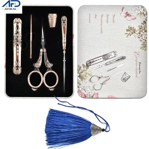 7Pcs/Set Retro Scissors Set Exquisite Vintage Scissor Needle Storage Tube Threader Needle Thimble Sewing Kits Sewing Supplies