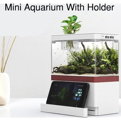 Desktop Creative USB Mini Aquarium Fish Tank WIth Phone Holder With LED Lamp Light Betta Fish Fighting Cylinder