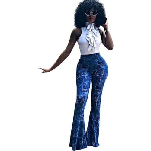 2019 Autumn Winter Denim Pants Women Retro Print Jeans High Waist Long Pants For Women Boot Cut Trousers Ladies Flare Pants