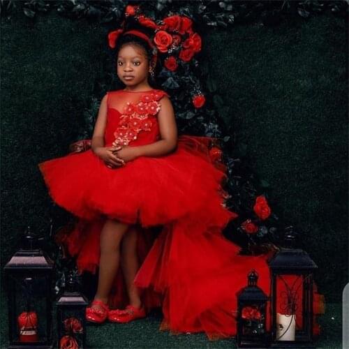 Hi Lo Flower Girls Dresses Lace Appliques Beaded Puffy Riffles Girls Birthday Party Gowns Kids Formal Gowns