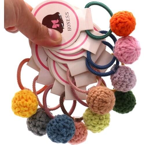 Kids' Crochet Ball Pom Pom Hair Stretch Tie Hairband Colorful Pompom Snap Hair Clip Accessories for Girls HT121