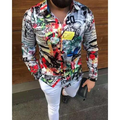 2021 Summer Print Shirts Men Clothing Fashion Harajuku Youthful Casual Loose Turn-down Collar Mens Shirts Long Sleeve Tops