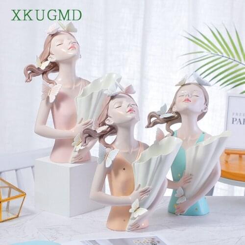 Nordic Creative Resin Butterfly Girl Bouquet Vase Sculpture Decoration Living Room Bedroom Desktop Home Decor Ornaments