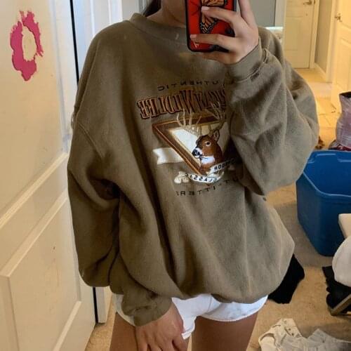Vintage Deer Embroidery Oversize Sweatshirt 2020 Autumn Winter Casual O Neck Loose Pollover Tops Loose Streetwear Hoodies Women