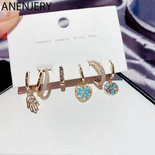 ANENJERY 6 pieces/set Hamsa Palm Heart Ear Buckle clip Earring Set for Women High-end Color Zircon Micro-inlaid Hoop Earrings