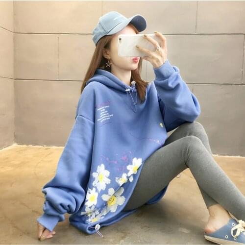 Women Hoodies Oversized Pullover Floral Decoration Thick Loose Clothes Fleece Hot Harajuku Contrast Color Sweatshirt Female