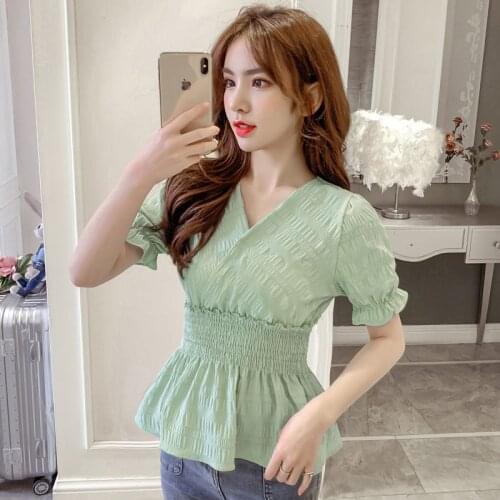 Women Spring Summer Style Chiffon Blouses Shirts Lady Casual Short Lantern Sleeve V-Neck Pleated Chiffon Blusas Tops DD8918
