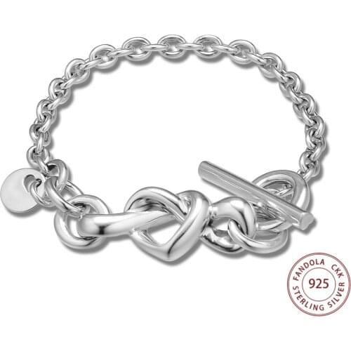 Knotted Heart Bracelet Argent 925 Sterling Silver Charm Bracelets Bangles for Women Original Jewelry pulseras mujer