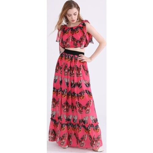 Customize Made Plus Size 3XS-10XL Womens Sexy Short Top+Vintage Floor-Length skirt butterfly print Bohemian 2 pieces set