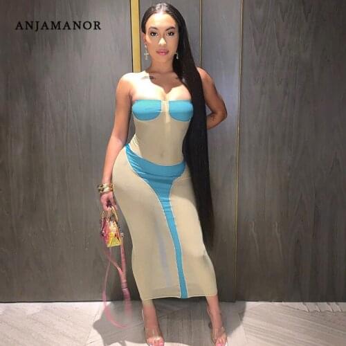 ANJAMANOR Sexy Patchwork Mesh See Through Bodycon Dress Ladies Party Night Club Strapless Backless Maxi Dresses D85-BG12